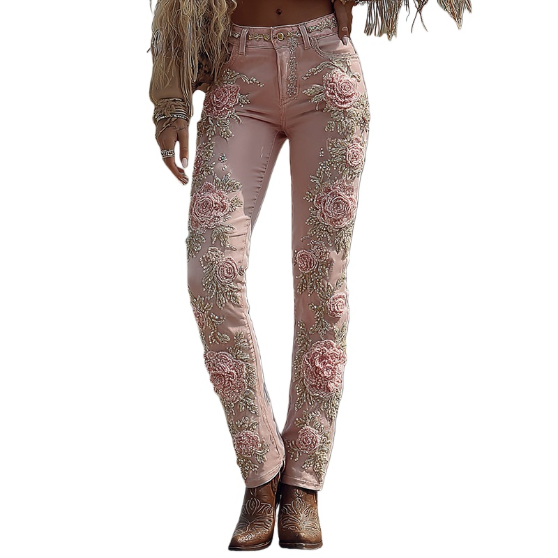 Retro Floral Print Jeans High Waist Slim Imitation Jeans Elegant Casual Trousers